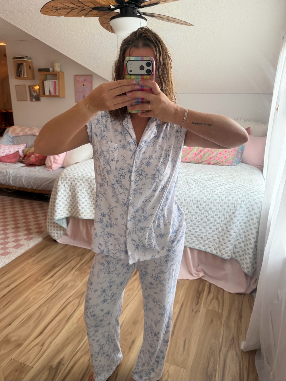 Women's Blue Floral Cotton Pajama Set - Classic Button-Up